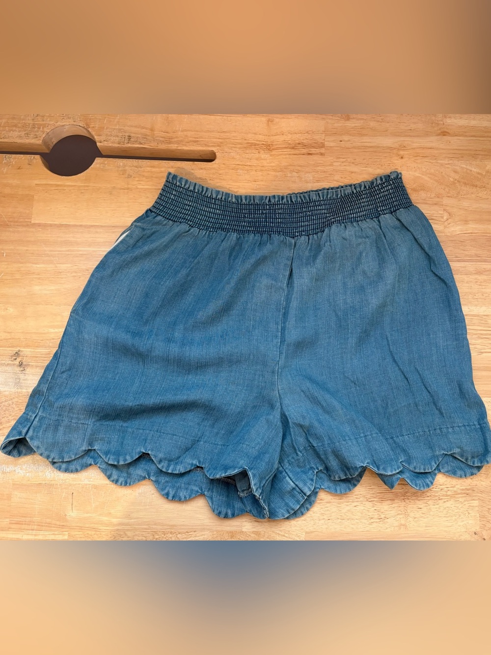 Blue Rain Denim-Blue Smocked Waist Scallop-Hem Shorts
